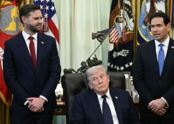 JD Vance, Marco Rubio, and Donald Trump in the Oval Office on April 23, 2026.